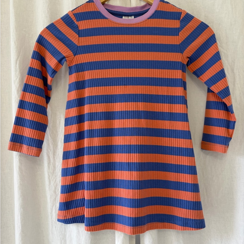 Hanna Andersson Orange and Blue Striped Rib Knit Dress- 110cm